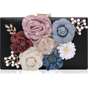 Women's Black Metal Leaves Flower Evening Bride Wedding Floral Clutch Bag